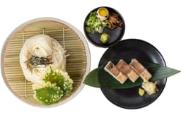 cold udon with sabazushi (three mackerel pressed sushi)